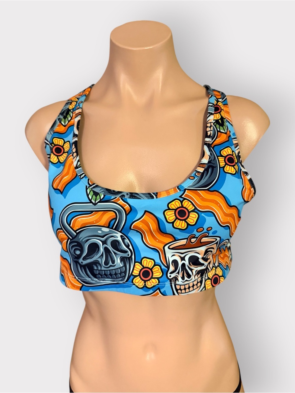 ⁠RokFit Womens XL Sports Bra Coffee Skulls Bacon Kettlebell Racerback Padded